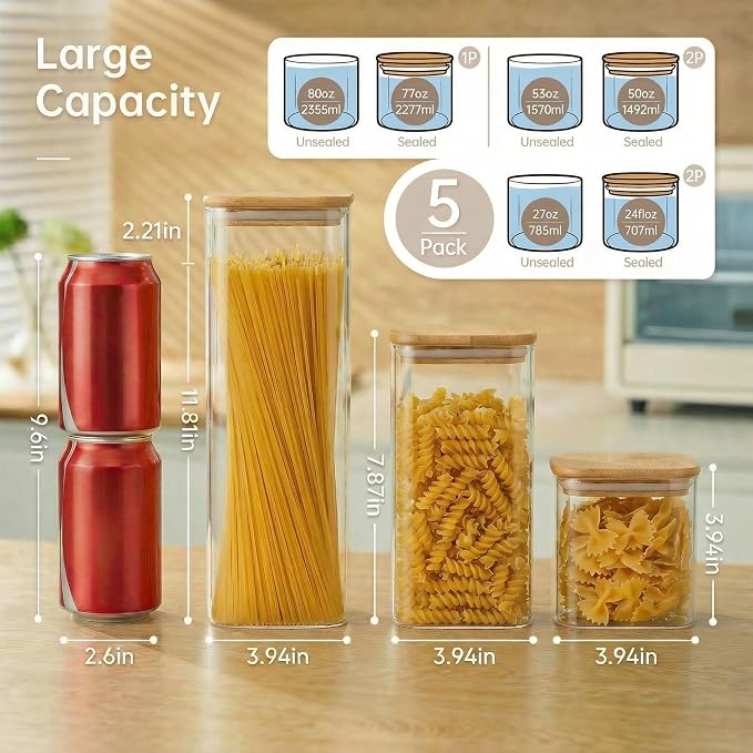 HomArtist Square Glass Jars with Bamboo Lids [Muti Size Set of 5], Glass Canisters with Airtight Lids, Glass Food Storage Containers for Pasta, Cereal, Flour, Sugar, Best for Kitchen & Pantry | 79oz/53oz/27oz Airtight Storage Jars for Pantry & Kitchen,... - Image 3