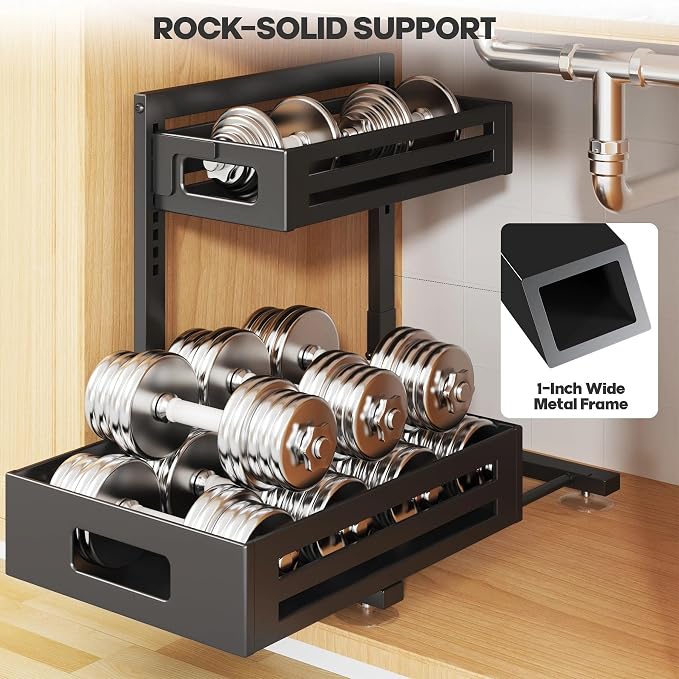 2 Pack Under Sink Organizer,Pull Out Cabinet Organizer with Smooth Cylindrical Rail,Metal Slide Out Drawer for Kitchen Bathroom Laundry Cabinet,8-Level Tool Free Height Adjustable-Black - Image 5