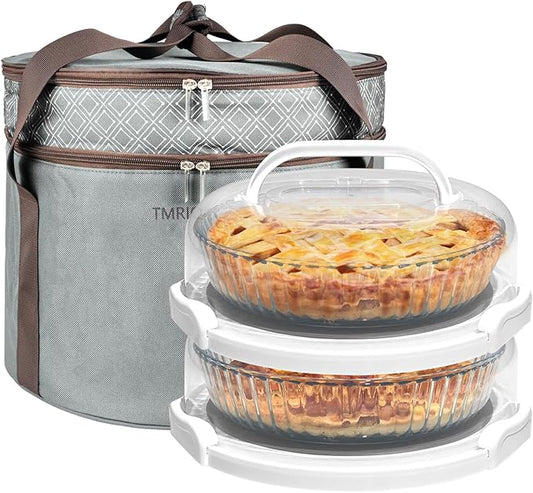 2 Pack Pie Carrier with Lids and Handles, Loadable Cupcake or Pizza Storage Containers, Includes Insulated Bags and Insulated Non-Slip Pads, Perfect for Transportation (Grey) by CakePieInsulatedTransportat