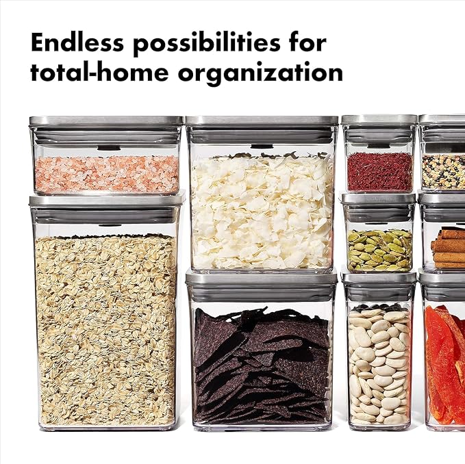 OXO Steel POP Container Medium Rectangle - 2.7 Qt (Pack of 4) Food Storage Containers Airtight for Rice, Pasta & More, Grey - Image 6