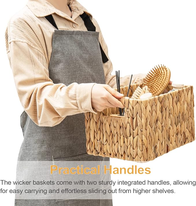 Water Hyacinth Rectangular Wicker Baskets, 12" Wicker Basket 2 Pack, Woven Storage Baskets with Handles - Image 5
