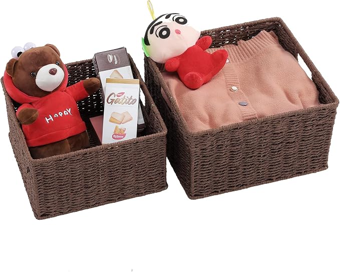 HOONEX Storage Baskets for Organizing, Decorative Round Paper Rope Woven Baskets for Storage with Carrying Handles, Set of 2, Dark Brown - Image 5