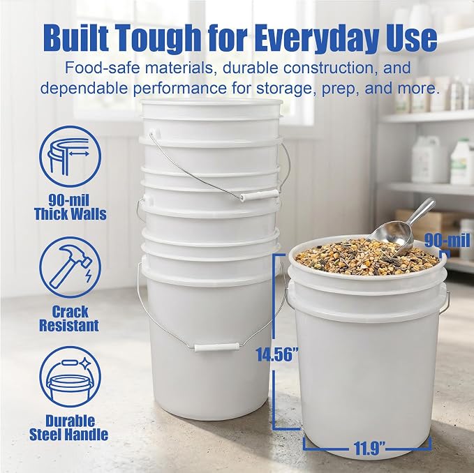 5 Gallon Bucket - Food Grade w/Lid BPA-Free, 6 Pack - White | Airtight Gasketed Tear Strip Lid, Heavy-Duty 90 Mil HDPE Plastic Pail, Bulk Storage, Food Safe Durable Container, Made in USA - Image 4