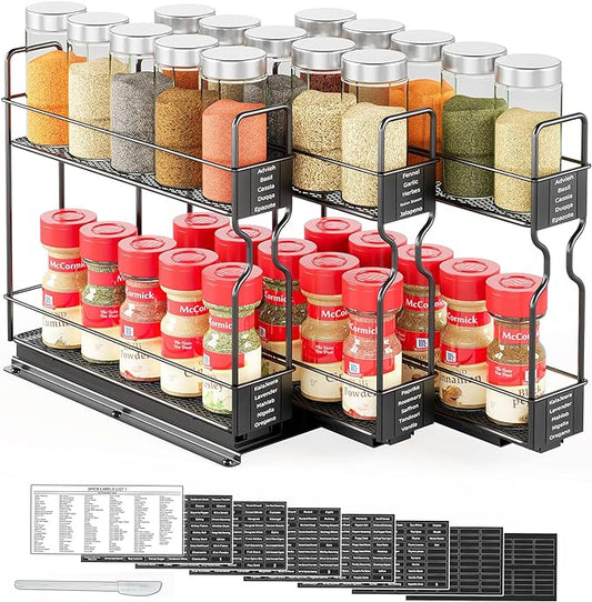 SpaceAid Pull Out Spice Rack Organizer for Cabinet, Heavy Duty Slide Out Seasoning Kitchen Organizer, Cabinet Organizer, with Labels, 7.7" W x10.75 D x10 H, 3 Drawers 2-Tier by SpaceAid