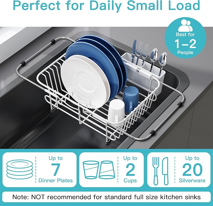 JASIWAY White Dish Drying Rack in Sink with Utensil Holder, RV, Apartment | Over Sink Expandable Stainless Steel Dish Drainers for Compact Kitchen, Space Saving, Fast Drain, Rustproof, For 1-2 people - Image 5