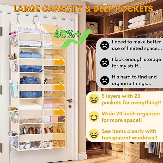 Over the Door Organizer 5 Tiers,Extra Large Behind Door Storage of 10 Compartments,80 lbs Weight Capacity Over the Door Storage, Door Hanging Organizer for Closet, Diaper Organizer, Beige - Image 2