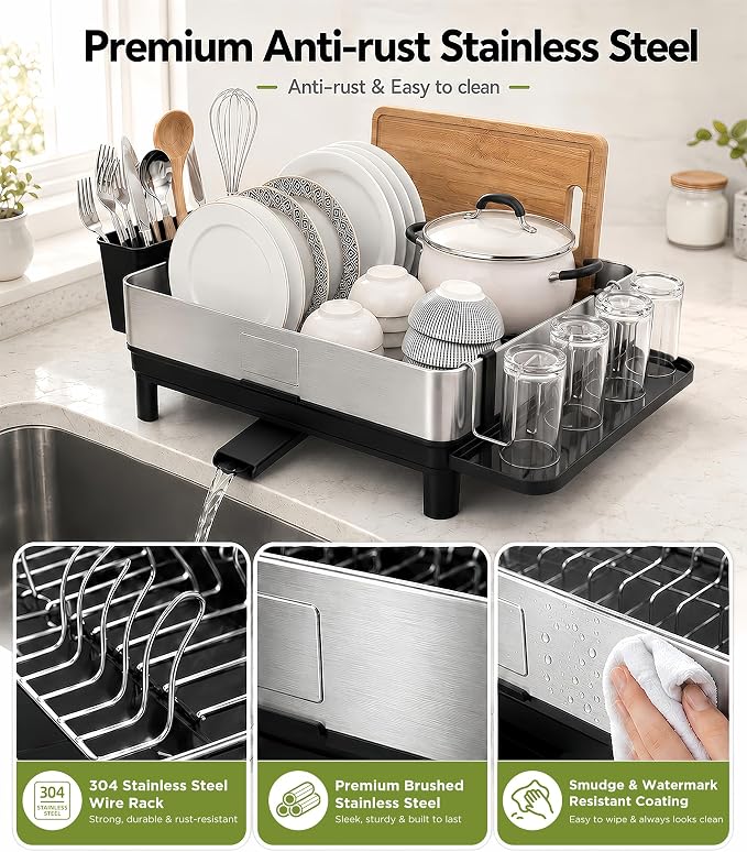 Dish Drying Rack, 17-Inch Dish Drainer for Countertop, Stainless Steel | 4-Way Adjustable Drainage Spout, Removable Cup & Chopstick Holder, Tool-Free Setup, Rustproof Utensil Holder for Kitchen Sink - Image 3