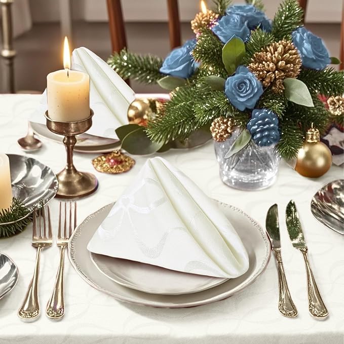 White Cloth Napkins Pack of 12, 18"x18" - Cotton & Polyester, Wrinkle/Fade Resistant, Washable & Reusable - Wedding Napkins for Reception, Jacquard Napkin for Banquet & Engagement Party, Bows Design - Image 5