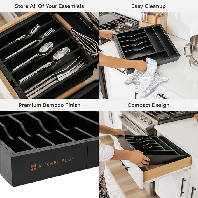 Silverware & Utensil Drawer Organizer, 14.5-25 in, Black Bamboo | Cutlery, flatware, food-safe contract grade, kitchen drawer fit - Image 3
