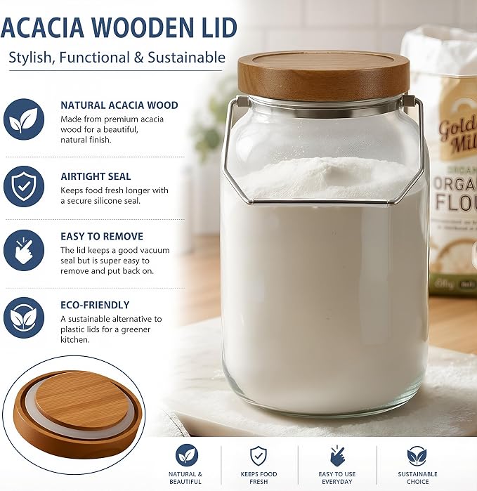 2 Pack Glass Flour Sugar Storage Containers with Handle, 1 Gallon Glass Jars with Airtight Lid, Wide Mouth Large Mason Jars 128oz for Rice, Pasta, Oats, Coffee Storage - Image 5