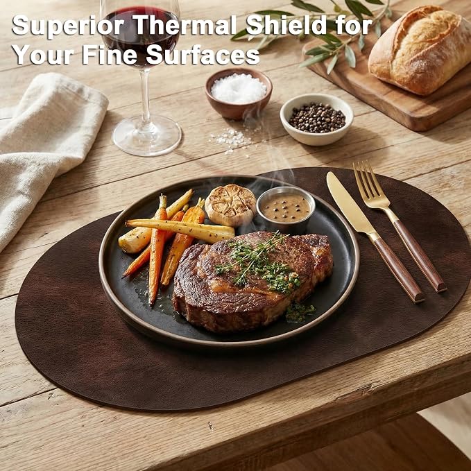 Placemats, Oval Placemats 2mm Ultra Thick Faux Leather Table Mats, Heat Resistant Waterproof Wipeable Dining Mats for Kitchen Table, Set of 4, Coffee - Image 2
