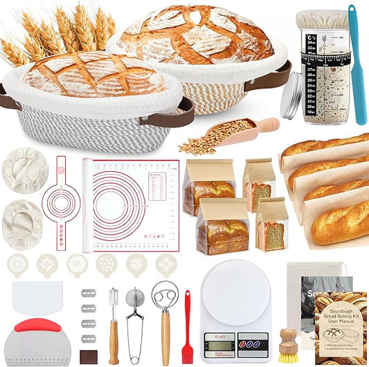 PeacePeo Sourdough Kit, 11'' Oval and 10'' Round Cotton Rope Bread Baskets | 38Pcs Bread Making Supplies Kit, Breathable, Machine Washable, Hangable, Liner & Cover Banneton Basket, Gifts For Baker by PeacePeo