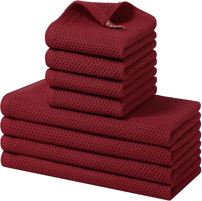 Homaxy 8 Pack 100% Cotton Kitchen Towels and Dishcloths Set, Burgundy | 12 x 12 Inches and 13 x 28 Inches Kitchen Towels Set, Ultra Soft Absorbent Dish Cloths for Washing Dishes by Homaxy