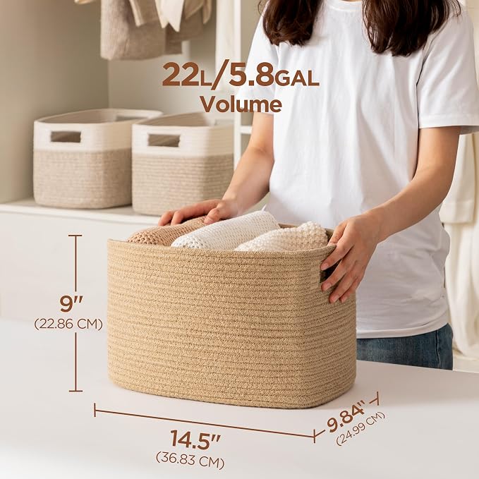 4 Pack Storage Baskets for Organizing, Shelf Baskets with Handles, Jute | 14.5"Lx9.8"Wx9"H, Woven Basket, Cotton Rope Basket, Toy Storage, Cube Shelf, Gift Baskets Empty, Home Decor - Image 2