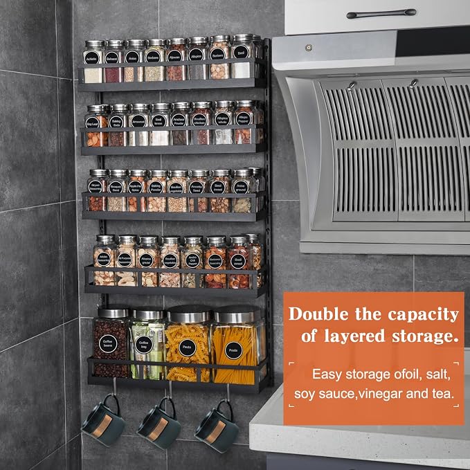 X-cosrack Wall Mount Spice Rack Organizer 5 Tier Height-Adjustable Hanging Spice Shelf Storage for Kitchen Pantry Cabinet, Dual-Use Seasoning Holder Rack with Hooks, Black-Patented - Image 5