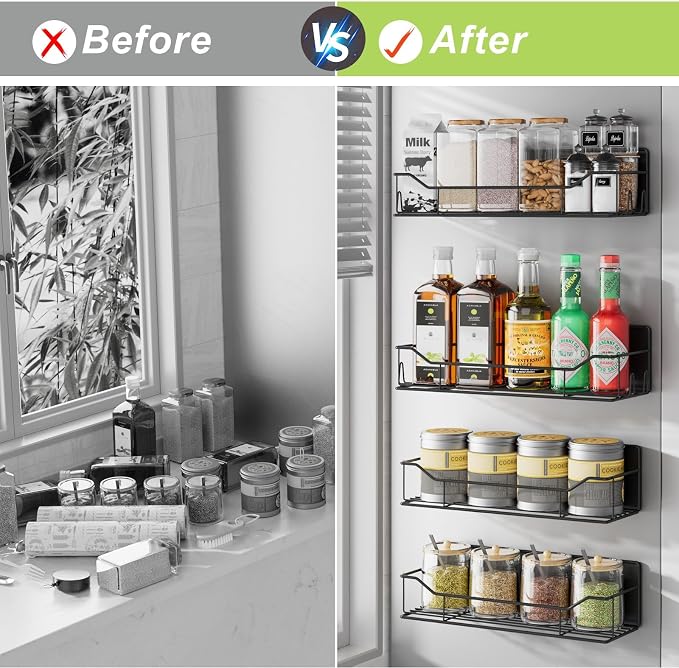 Magnetic Spice Rack for Refrigerator, 4 Pack Metal Strong Magnet Spice Organizer Shelves, Magnetic Fridge Shelf for Kitchen Seasoning Organizer Gadgets, Home Organization and Storage (Black) - Image 7
