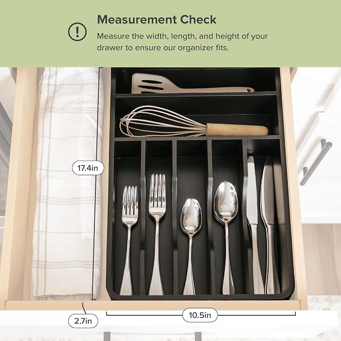 Silverware & Utensil Organizer, Fixed 10.5 in, Black | Cutlery, flatware holder, rounded corners, 7 compartments, non-slip feet, kitchen drawers - Image 3