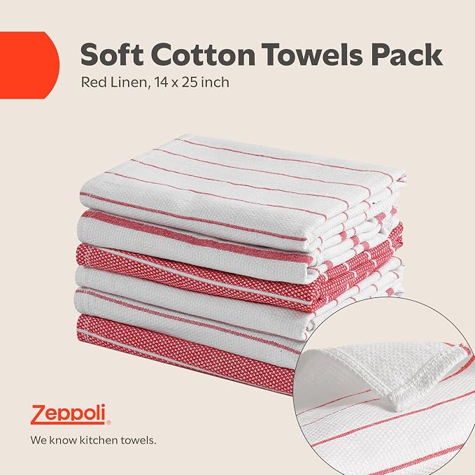 Zeppoli Classic Kitchen Towels - 6 Pack 100% Natural Cotton Towel Set, Reusable Wash Cloths, Absorbent Dish Towels, Machine Washable Hand Towels, Kitchen Essentials, 20� x 28� - Red VAR - Image 2