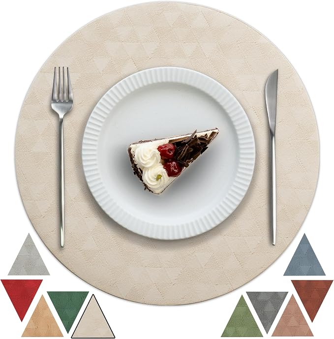 Jovono Upgraded 15" Round Placemats Set of 8, Waterproof & Oil-Proof, Non-Slip Reversible Washable Big Table Mats, Spill-Proof for Kids Families, Restaurant, Hotel, Kitchen, Indoor, Beige by JOVONO
