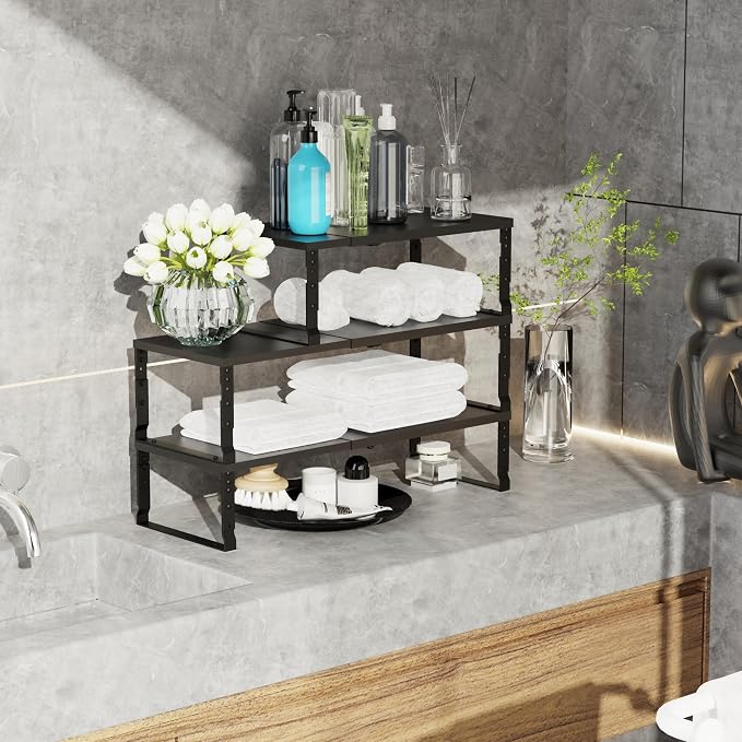Jojocross Expandable Stackable Spice Rack Organizer for Kitchen Cabinet,Adjustable Counter Shelf, countertop, Pantry,Cupboard,Bathroom,Bedroom(2Packs/Black/Medium) - Image 5