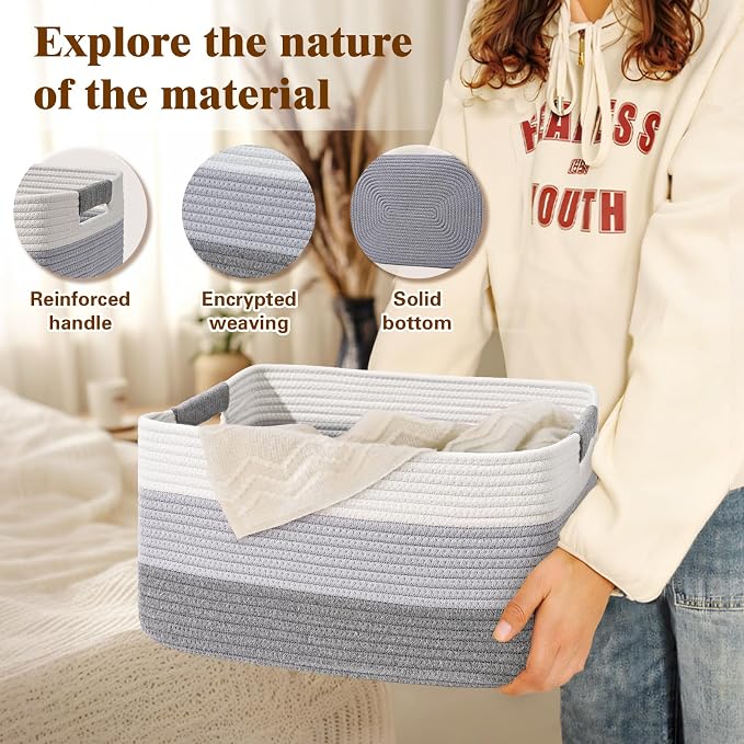 3 Pack Large Storage Basket for Organizing, 17.5"x13"x7" Woven Basket for Shelves, Closet Cube Storage Bins with Wrapped Handle, Cotton Rope Baskets for Kitchen, Clothes, Toys(Gradient Grey) - Image 3