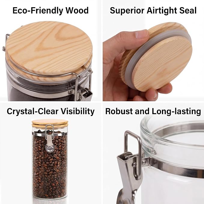 Glass Coffee Canister Set with Shelf & Spoon 2 Piece Coffee Containers for Coffee Bean Storage Airtight Seal, Coffee Bar Accessories Filter Holder for Kitchen Organization - Image 3