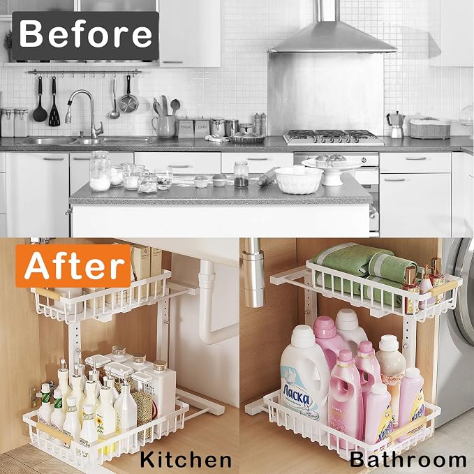 2 Pack Under Sink Organizer Cabinet for Kitchen Bathroom, 2 Tier Metal Slide Out Under Sink Drawers, Adjustable Height, Under Sink Pull Out Organizers and Storage, White,13.7" H-17 H - Image 4