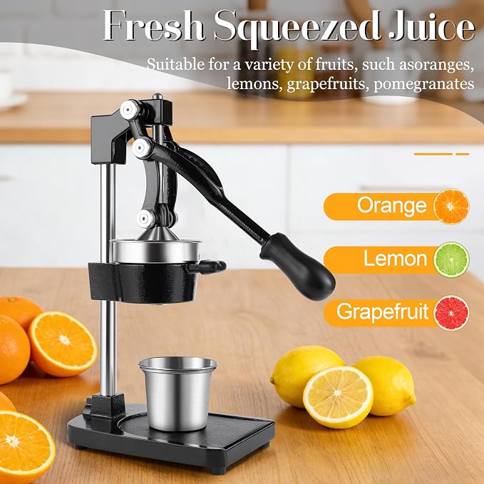 Cast Iron Manual Juicer Hand Press, Lemon Squeezer, Commercial-Grade Citrus Press Suitable for Oranges, Lemons, Limes, and Pomegranates Easy to Clean Includes Stainless Steel Cup, Black - Image 6