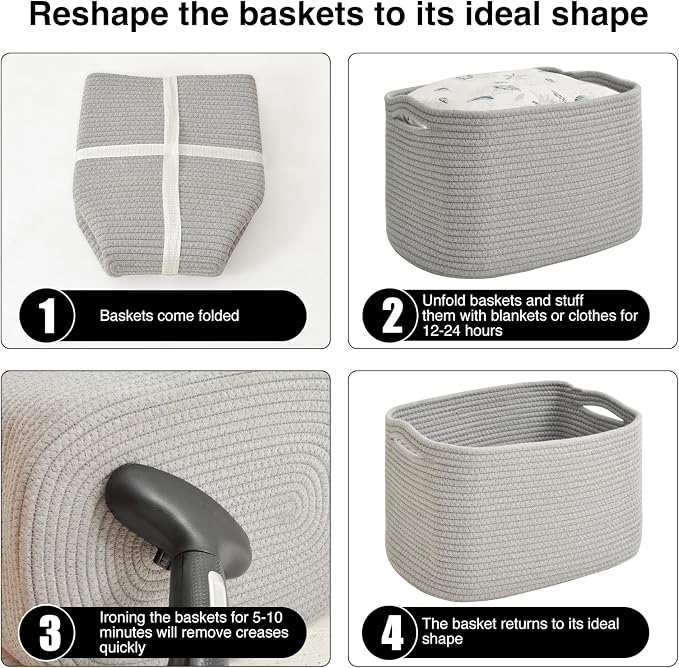 ICERZCZ Storage Baskets for Organizing & Shelves, Woven Cotton Rope Organization Bins for Dog Toys, Clothes, Books, Nursery Organizer, 15"Lx11"Wx9.5"H, (4 Packs) Grey - Image 7
