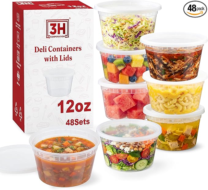 12oz Deli Containers with Lids (48 Set/96 Pcs) Small Fruit Cups with Lids, Freezer Microwave Safe, BPA-Free Stackable Airtight Leakproof Salad Dressing Condiment Dipping Sauce Cups by 3HCORPORATION