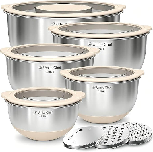 Mixing Bowles Set with Lids Set - Warp-Proof TPR-AS Lids, Stainless Steel Mixing Bowl with 3 Graters & Measuring Lines, Non-Slip Bowls for Baking, Prep, Airtight Food Storage (Khaki 5/3/2/1.5/0.63QT) by UmiteChef