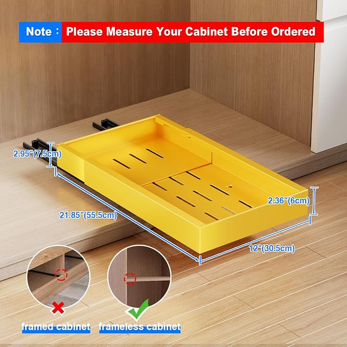 Mustorn 2 Pack Pull Out Cabinet Organizer,21.8" Deep Slide Out Drawer for Cabinets Adhesive Pull Out Drawers Heavy Duty Pull Out Shelves for Kitchen,Cupboard,Pantry,Bathroom-Yellow - Image 2