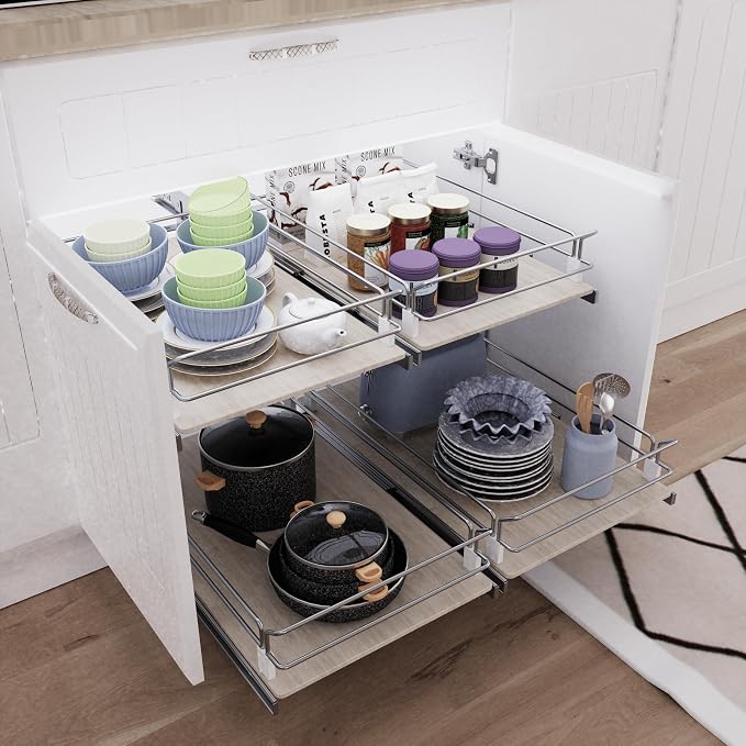 Pull Out Cabinet Organizer 17.45" W X 22" D, Wood & Chromed | Full Slide Out Drawers For Kitchen Cabinets, Cabinets Capacity Heavy Duty Caddy, Cabinet Pullout Shelves , Pantry Storage - Image 6