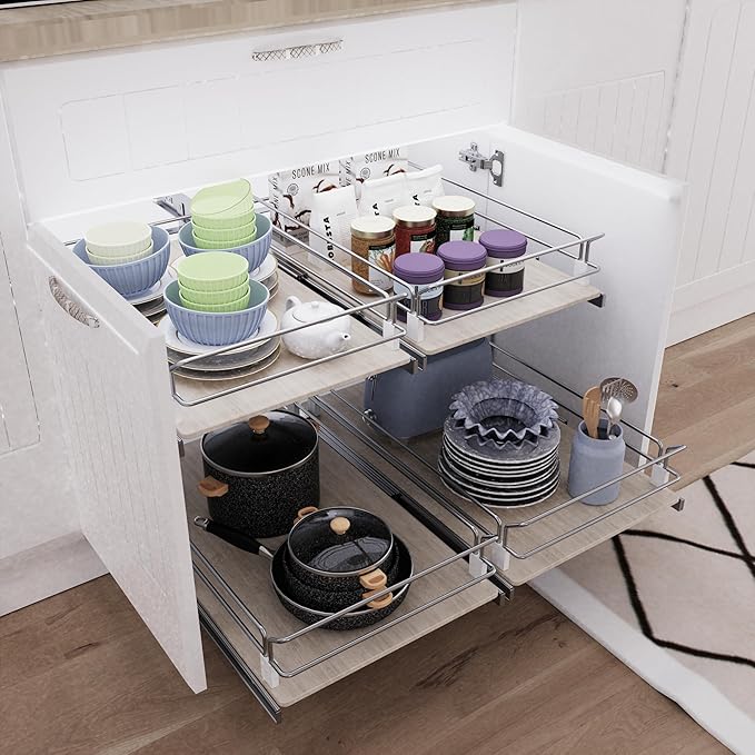 Pull Out Cabinet Organizer 10.87" W X 22" D, Wood & Chromed | Full Slide Out Drawers For Kitchen Cabinets, Cabinets Capacity Heavy Duty Caddy, Cabinet Pullout Shelves , Pantry Storage - Image 6