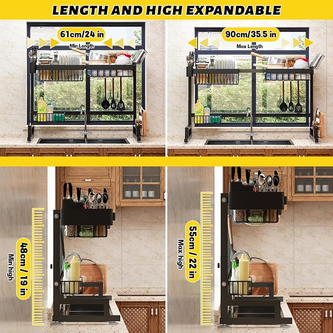 ilvvan Over Sink Dish Drying Rack (Expandable Height/Length) Snap-On Design Large Dish Drainer Storage Counter Organizer 24" - 35.5"(L) x 12"(W) x 19" - 22"(H) - Image 7