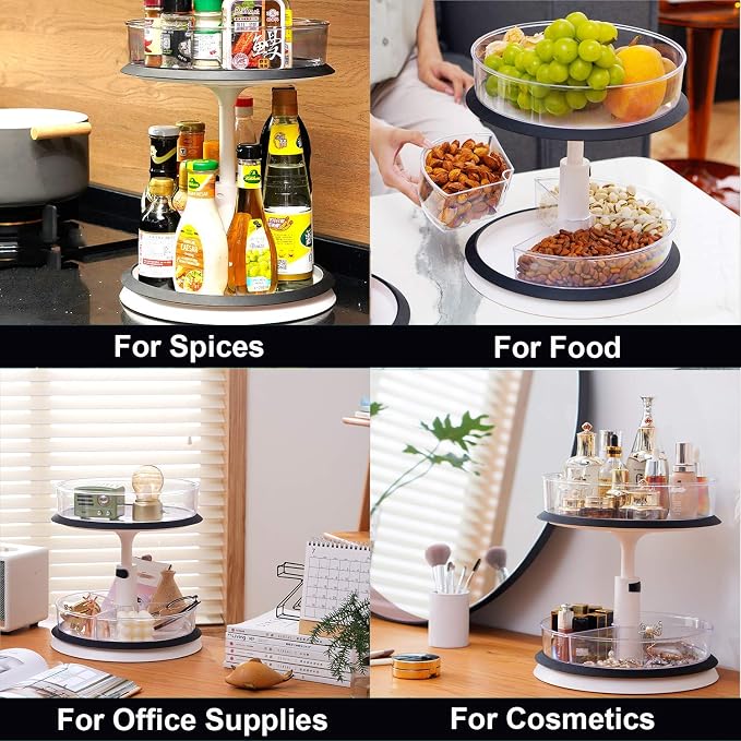 2 Tier Lazy Susan Turntable Kitchen Spice Rack Organizer for Cabinet Rotating Carousel Lazy Susan for Table Spice Storage Pantry Organization Height Adjust & Detachable Large Plastic Clear Bins - Image 4