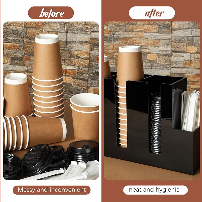 4 Compartments Acrylic Coffee Cup and Lid Storage Organizer Holder Disposable Paper Cup Dispenser Organizer Plastic Lid Holder Accessories for Kitchen Bar Shop Party Supplies(Black) - Image 5