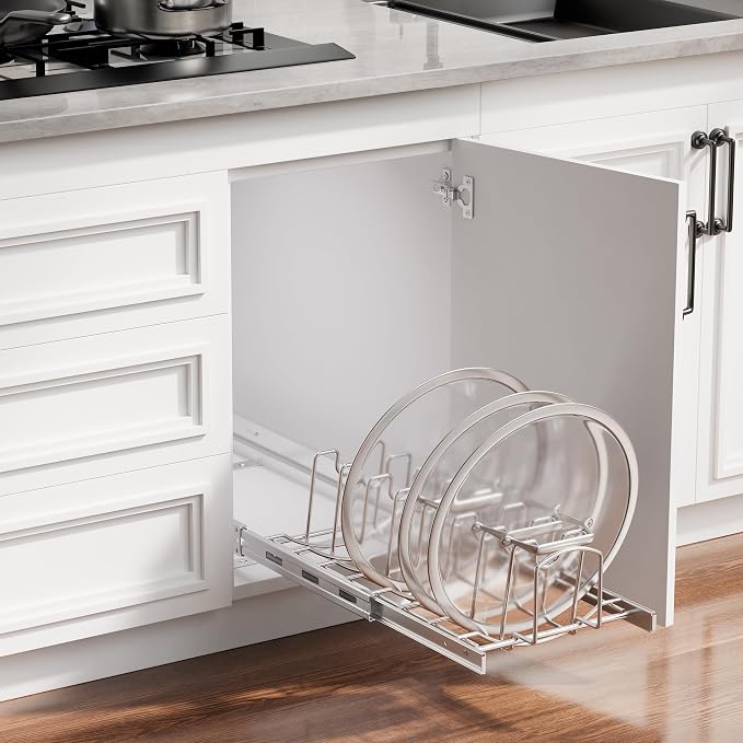 Slide Out Pot Lid Organizer Under Cabinet, Wire Dividers Kitchen Pull Out Pot Lid Storage Rack Holder, Full-Extension Rail 12" W*22" D - Image 8