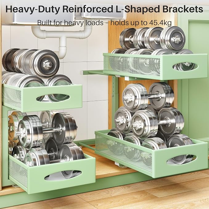 Under Sink Organizer, 2 Tier Pull out Cabinet Organizer Baskets with Mesh Sliding Drawers, Slide out Storage Shelf for Home, Kitchen, Bathroom, Pantry, Office Cabinet(1 Pack, Green) - Image 5