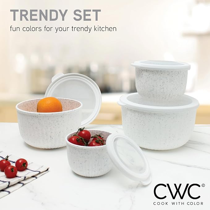 COOK WITH COLOR Prep Bowls with Lids- Wide and Deep Nesting Plastic Small Mixing Bowl Set with Lids, 8 Piece Set - Deep Bowls, Speckled White - Image 2
