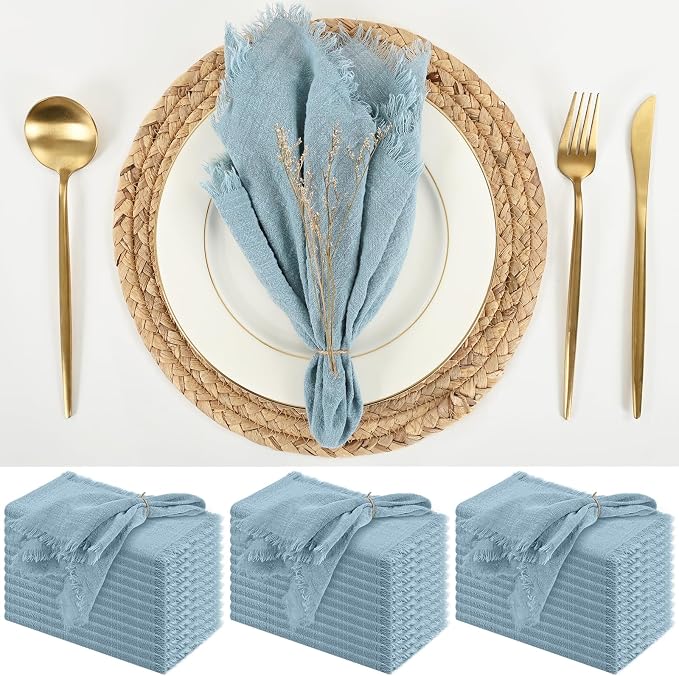 36 Pack Dusty Blue Cloth Napkins, 16 x 16 Inch Cotton with Fringe Settings | Handmade washable reusable cotton dinner napkins in bulk for weddings, parties, rustic boho table settings by FXKS