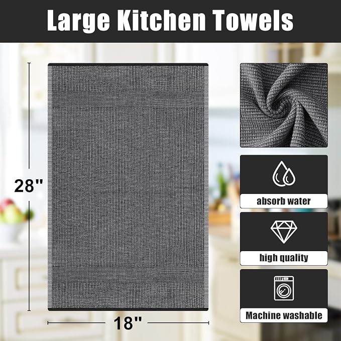 Homaxy 380 GSM Cotton Premium Kitchen Towels 3 Pack, 18"x 28", Mix | Flat and Terry Dish Towels, Highly Absorbent Tea Towel Set with Hanging Loop, Soft Kitchen Hand Towels, Grey/Khaki/Black - Image 8