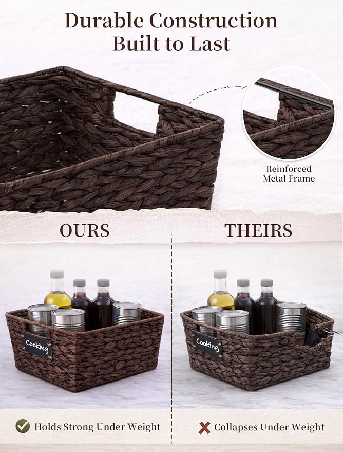 Pantry Baskets, 3 Pack Wicker Storage Baskets for Shelves, Brown | Water Hyacinth Baskets for Organizing, 3-Size Pantry Bins with Chalkboard and Marker for Shelf, Snack, Kitchen, Bathroom - Image 2