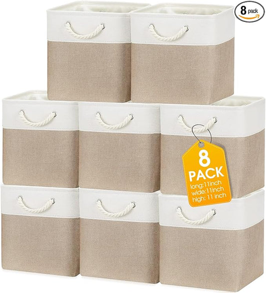 meekoo 8 Pack Collapsible Storage Bins Fabric Storage Bins Polyester Fabric Baskets with Handles Linen Closet Organizer for Shelf Home Closet Towels Toys(11 x 11 x 11 in,Beige) by meekoo