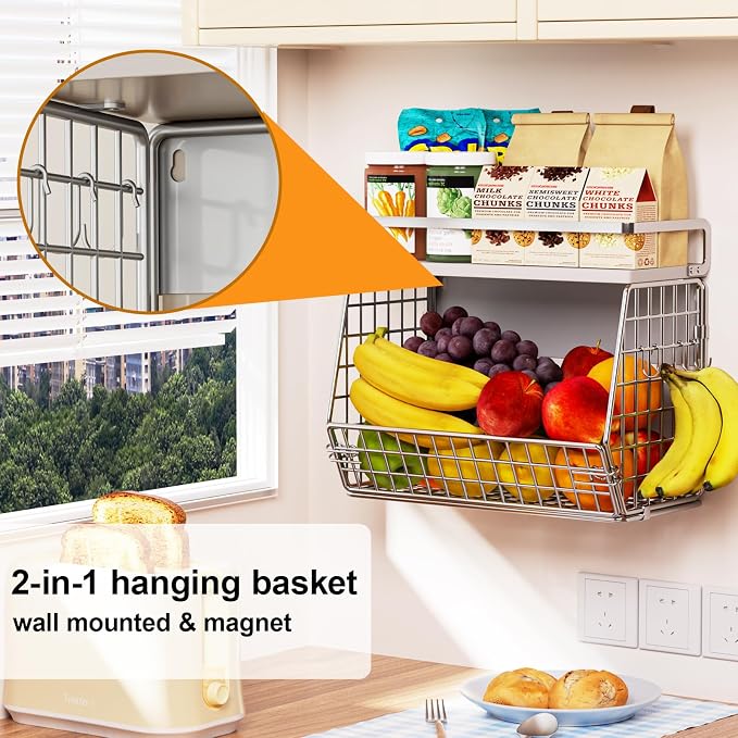 Wire Fruit Basket 2 IN 1 Magnetic & Hanging Wall Produce Basket with Spice Rack for Potato Onion Vegetable Storage for Pantry,Kitchen Countertop and Fridge Organizer - Image 4
