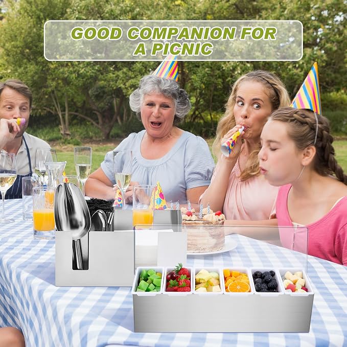 Tessco for you Garnish Tray with Lid Bar Caddy Ice Cooled Condiment Serving Container with Ice Scoop Metal Mini Serving Tongs Fruit Fork Spoons for Food Home Party Kitchen(Stainless Steel,6 Grids) - Image 6