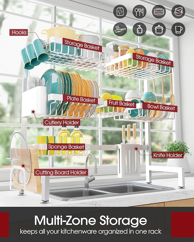 Sakugi Over The Sink Dish Drying Rack - Adjustable 3 Tier XX-Large Capacity Stainless Steel Drainer with Cutlery & Utensil Holders, Kitchen Storage & Organization, 31.5"-39.5"L x 12"W x 30.5"H, White - Image 2