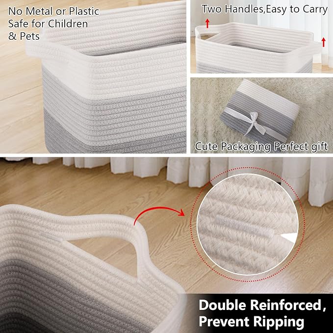 OIAHOMY Storage Basket, Woven Baskets for Storage, Cotton Rope Basket for toys,Towel Baskets for Bathroom - Pack of 3, Gradient Gray - Image 6