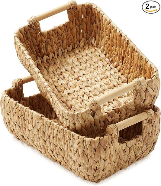 Casafield Set of 2 Water Hyacinth Oval Storage Baskets with Wooden Handles - Medium, Woven Bin Organizers by Casafield