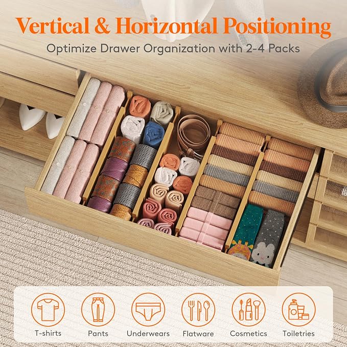 Lifewit 4" High 5 Pack Bamboo Drawer Dividers 43-54cm/17-21.5" Adjustable Wooden Drawer Organizer for Clothes/Utensils, Expandable Drawer Separator for Dresser/Kitchen/Bedroom/Office Organization - Image 4